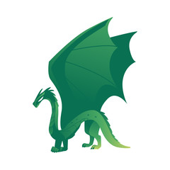 vector flat cartoon colored green majestic mythical dragon with horns and wings. Legendary mystery animal creature. Isolated illustration on a white background.