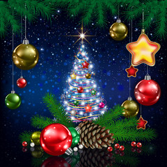 Obraz na płótnie Canvas Celebration greeting with Christmas tree and snowflakes