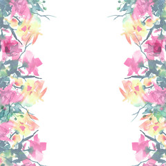 Watercolor frame, border, postcard, invitation, tag. With a floral pattern, flowers of pink, red roses, leaves, berries, plants. Vintage, stylish, fashionable figure. On a white background.