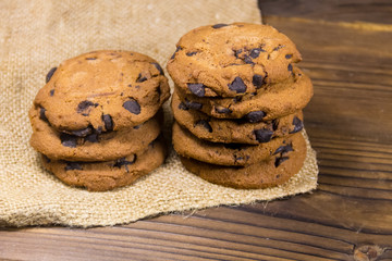 Chocolate chip cookies on wooden table