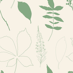 Floral vector seamless pattern with wild flowers, chestnut tree leaves, leaves and dry grass branches.