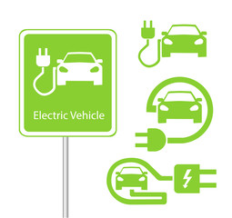 Road sign template of car charging station with a set of icons