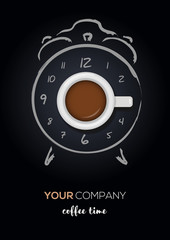 Coffee time, coffee break concept. Realistic cup of coffee with hand drawn alarm clock. Vector illustration