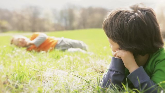 Happy children smiling close up portrait. Two brother kids laughing and playing while lay down on grass meadow in outdoor sunny day. Family son boys relaxing in nature.video footage