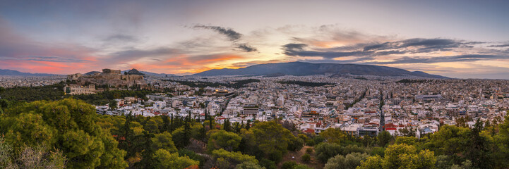 View of Acropolis from Filopappou hill at sunrise, Greece. 
