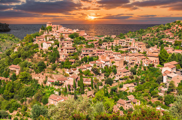 Deia  village at sunset time, Palma Mallorca islands, Spain. - obrazy, fototapety, plakaty