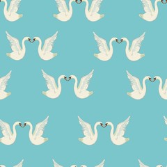 Seamless pattern with white swans. White swans on black background. Vector illustration.