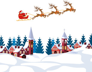 New Year, Christmas. An image of Santa Claus and deer. Winter landscape before the New Year. Snow, trees, houses. illustration