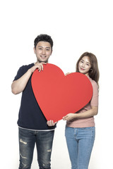 sexy asian man and woman hand hold a empty(blank) red heart gift box isolated white.