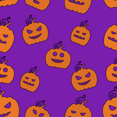 Seamless Halloween Pattern with Pumpkins on color background.