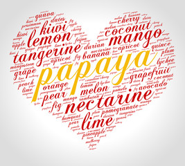 Papaya. Word cloud in shape of heart, italic font, grey gradient background. Fruit.
