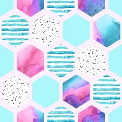 Wall murals Hexagon Watercolor hexagon seamless pattern with geometric ornament elements.
