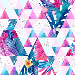 Obraz premium Watercolor exotic flowers, leaves, grunge textures, doodles seamless pattern.