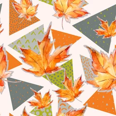 Poster Autumn watercolor leaves on geometric background with doodles. © Tanya Syrytsyna