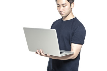 business man stand up and han hold a silver notebook isolated white