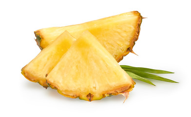 Pineapple slices with leaves, soft shadow on a white background, realistic.