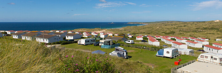 St Ives Bay Cornwall with static caravans and camping in summer with beautiful blue sky panoramic...