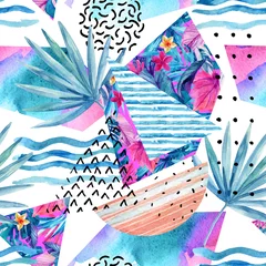 Zelfklevend Fotobehang Watercolor summer background with flowers, fan palm leaves, doodles, lines, geometrical shapes. © Tanya Syrytsyna