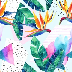 Printed kitchen splashbacks Paradise tropical flower Watercolor exotic flowers, leaves, grunge textures, doodles seamless pattern.