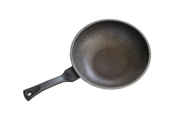 Aluminium frying pan on white background. Stainless steel pan.