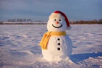 Funny snowman in Santa hat