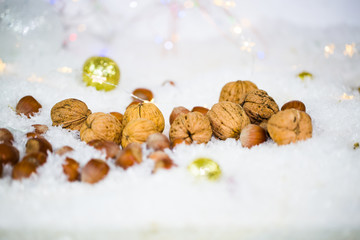 Walnuts, hazelnuts and tangerine in the snow, as a background