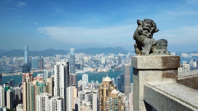 Chinese Lion statue at Victoria peak the famous viewpoint in Hong Kong
