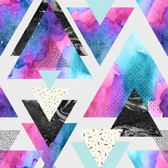 Wall murals Triangle Triangles with watercolor, doodle, black marble textures.