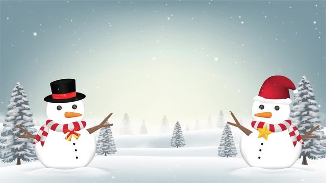 two snowman in forest snow winter background