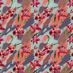 Plaid avec motif Impressions graphiques Watercolor decorative flowers seamless pattern on colored splatters with doodles background.