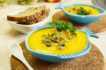 Vegetable cream soup. Serving in a rural style. Selective focus