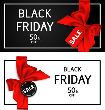 Black friday sale flyer template with red bow and ribbon for your design. Vector gift cards