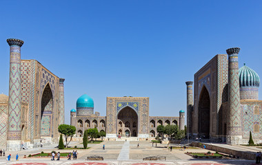 Panoramic view of Registan square - Samarkand, Uzbekistan - The three madrasahs of the Registan are...