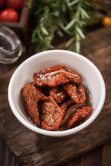 Dried tomatos in olive oil ,spanish tapa bar food