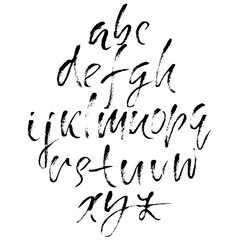 Hand drawn dry brush font. Modern brush lettering. Grunge style alphabet. Calligraphy script. Vector illustration.