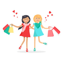 Happy Girls with Shopping Bags. Friends Forever