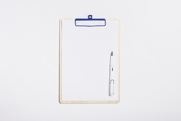 clipboard with smart phone, fountain pen on the white background.