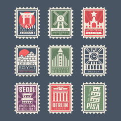 Image of Collection of postage stamps, cities of the world, vector Illustrations, city stamps with symbols printed on Printed Glass Splashbacks
