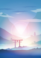 Japanese Landscape Background with Mountains and Arch Sunset with Fog  - Vector Illustration. - 178796943