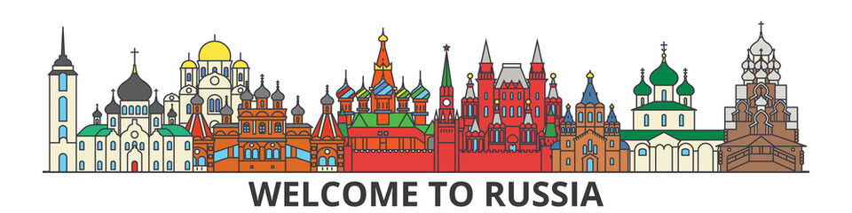 Russia outline skyline, russian flat thin line icons, landmarks, illustrations. Russia cityscape, russian vector travel city banner. Urban silhouette