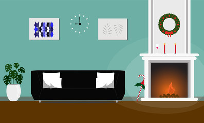 Living room interior Christmas style decorated fireplace and black sofa