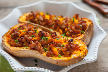 Pumpkin stuffed with meat, vegetables and herbs
