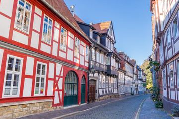 Colorful street with half-timbered houses in Hildesheim