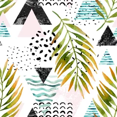 Rolgordijnen Triangles with palm tree leaves, doodle, marble, grunge textures, geometric shapes in 80s, 90s minimal style. © Tanya Syrytsyna