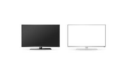 TV lcd flat screen mock up isolated, black and white set, 3d rendering. Hd telly monitor mockup front view. Modern electronic multimedia panel mock-up. Display television digital boxes.