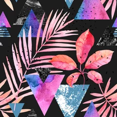 Poster Aquarel exotische bladeren, grunge texturen, doodles naadloze patroon in rave kleuren © Tanya Syrytsyna