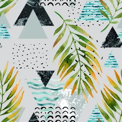 Deurstickers Driehoeken met palmbladeren, doodle, marmer, grunge texturen, geometrische vormen in de jaren 80, 90 minimalistische stijl. © Tanya Syrytsyna