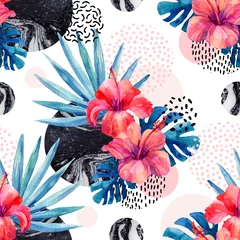 Poster Aquarel tropische bloemen op geometrische achtergrond met marmering, doodle texturen © Tanya Syrytsyna