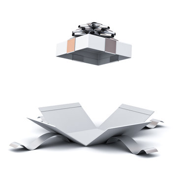 Open gift box , present box with silver ribbon bow isolated on white background with shadow . 3D rendering.