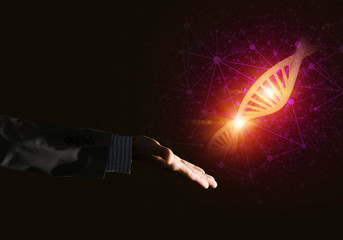 Science medicine and technology concepts as DNA molecule on dark background with connection lines